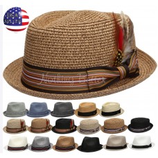 Summer Mujer Hombre Straw Pork Pie Fedora with Stripe Or Solid Band Feather Hat   eb-35149738